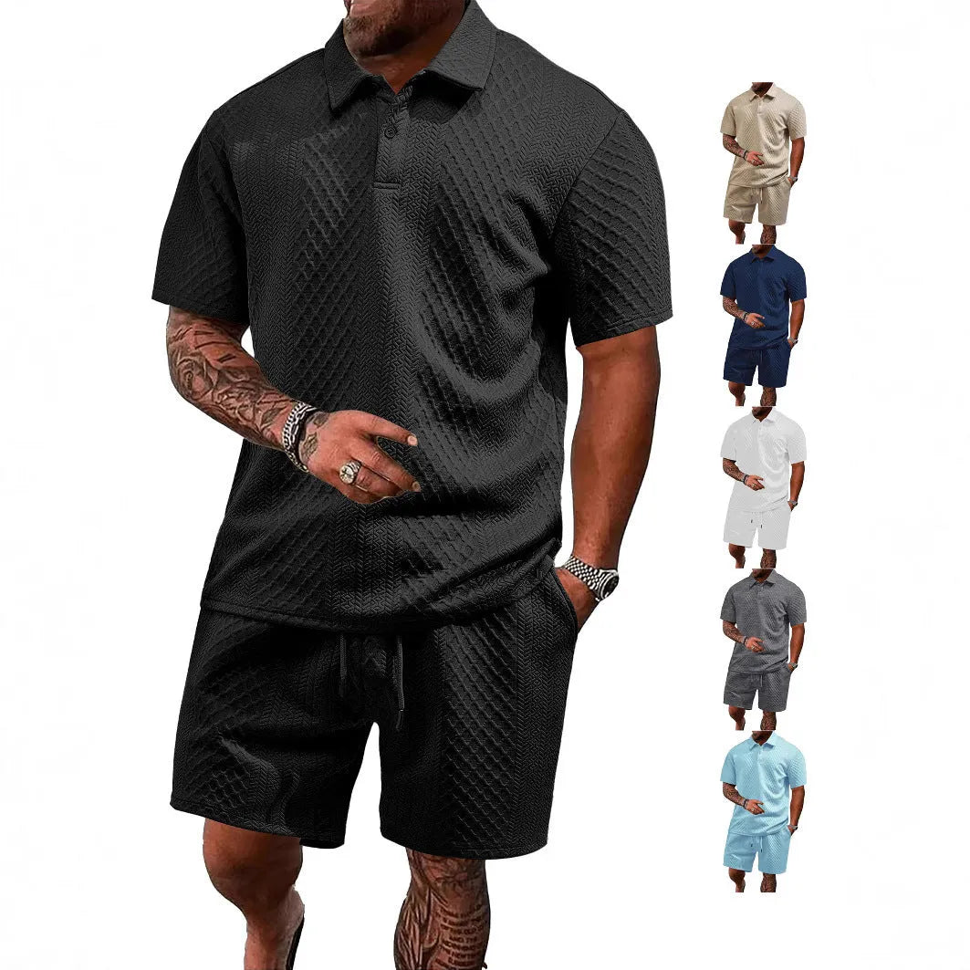 Men's light grey casual short sleeve suit with polo shirt and trousers on a hanger