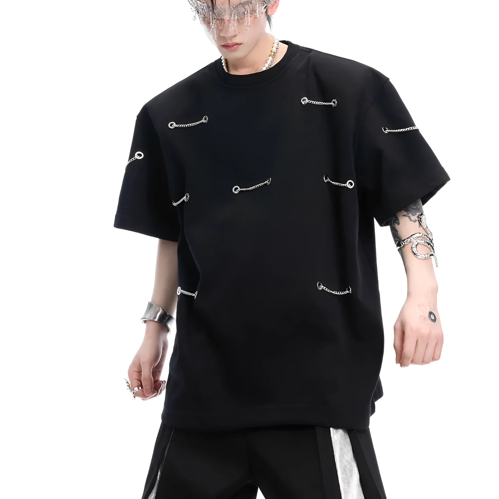 Black men's t-shirt with metal chain detail on front and padded shoulders, short sleeves, round neck, heavy cotton blend fabric
