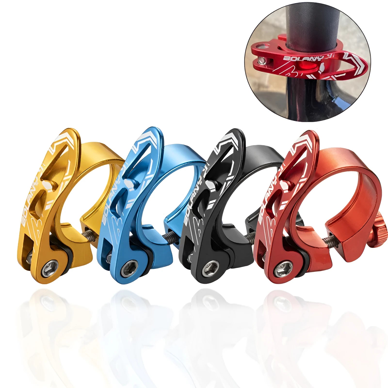 Aluminium alloy bicycle seat post clamp in black, red, gold, or blue colour