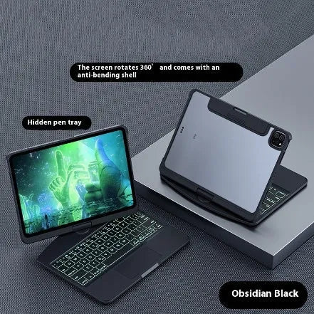 360 swivel keyboard clear case for iPad with transparent backplate and telescopic pen slot