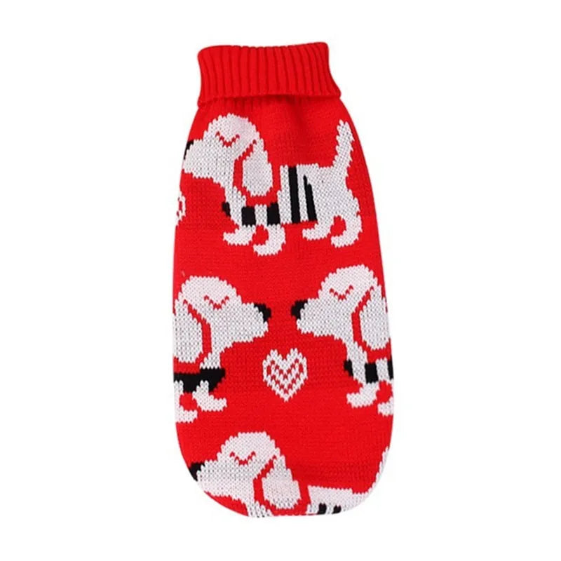 Christmas turtleneck knitting sweater dog clothing in acrylic knit, red reindeer pattern, on small dog