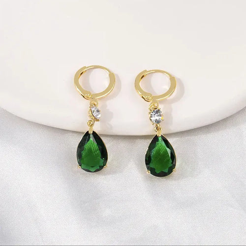 Green geometric teardrop alloy earrings with non-piercing design