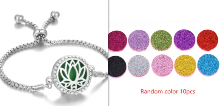 Hollow stainless steel adjustable aromatherapy bracelet with 20mm box diameter and electroplated alloy finish on white background