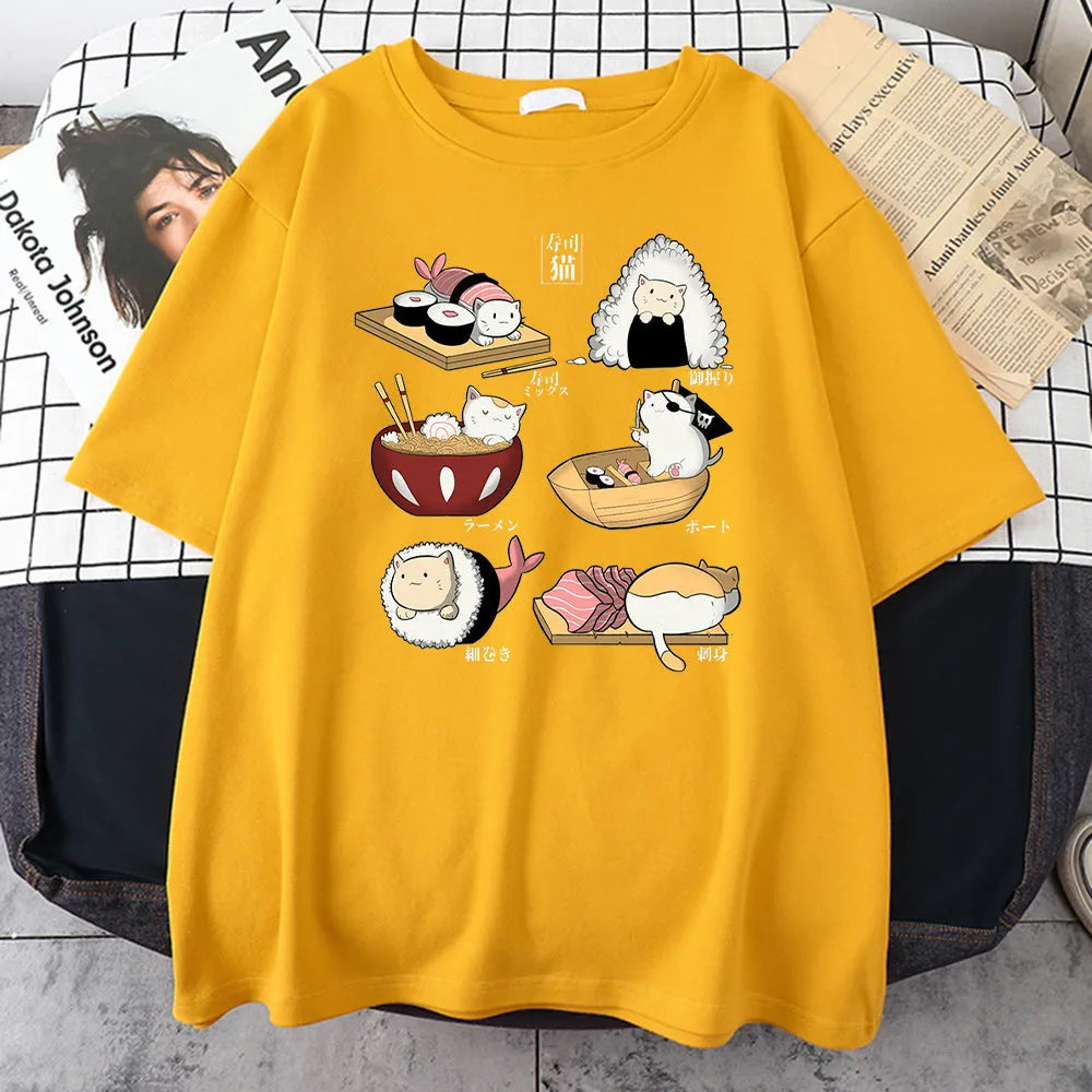 Men's black cotton t-shirt with cute cat sushi cartoon print, loose fit short sleeve design