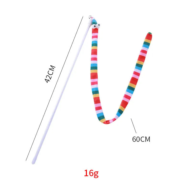 Colourful cat wand toy with a long plush strip teaser and bell, held by a polycarbonate handle.