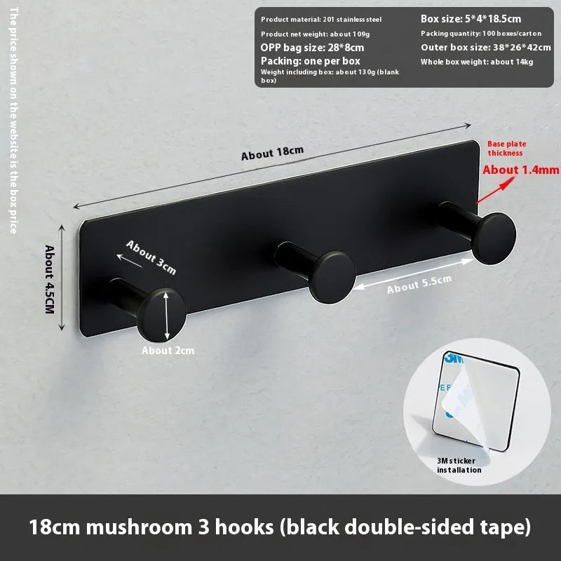 Screwless wall mounted clothes hook rack with mushroom head hooks in 3-hook configuration