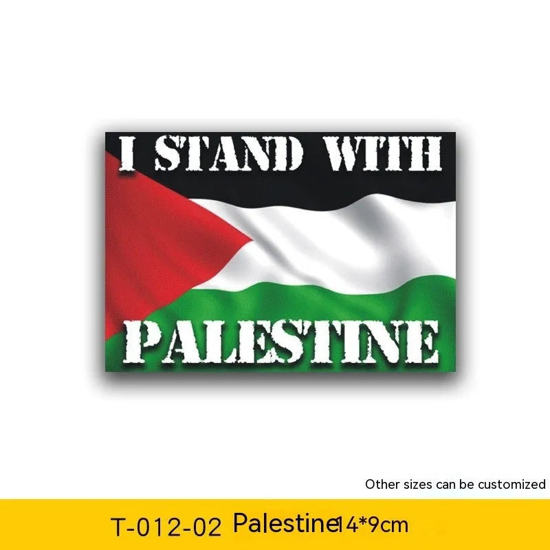 Pack of six Palestinian flag and text car decal stickers on adhesive backing paper.