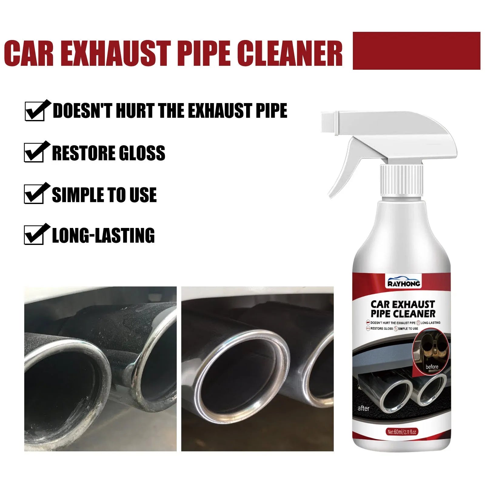 Car exhaust pipe cleaner rust removal 60ml bottle with thick formula on vehicle exhaust tip