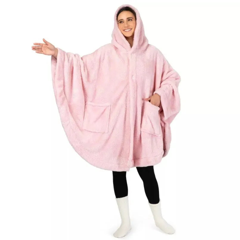 Super thick hooded bathrobe cloak in black, dark grey, or pink, showing cardigan style and long sleeves.