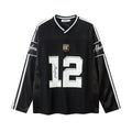 Men's digital printed long-sleeved V-neck jersey top in white with contrast colour design