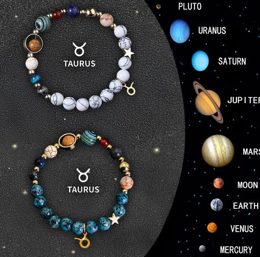 Set of twelve natural stone bead zodiac bracelets showing different star sign designs with adjustable strings