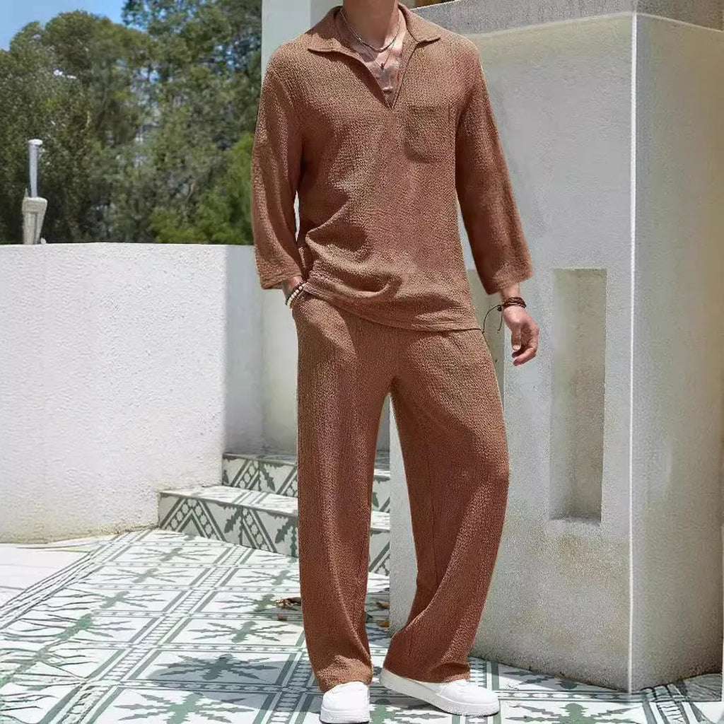 Men's casual polyester shirt and trousers set in lake blue, shown as a co-ordinated autumn leisure outfit.