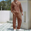 Men's casual polyester shirt and trousers set in lake blue, shown as a co-ordinated autumn leisure outfit.