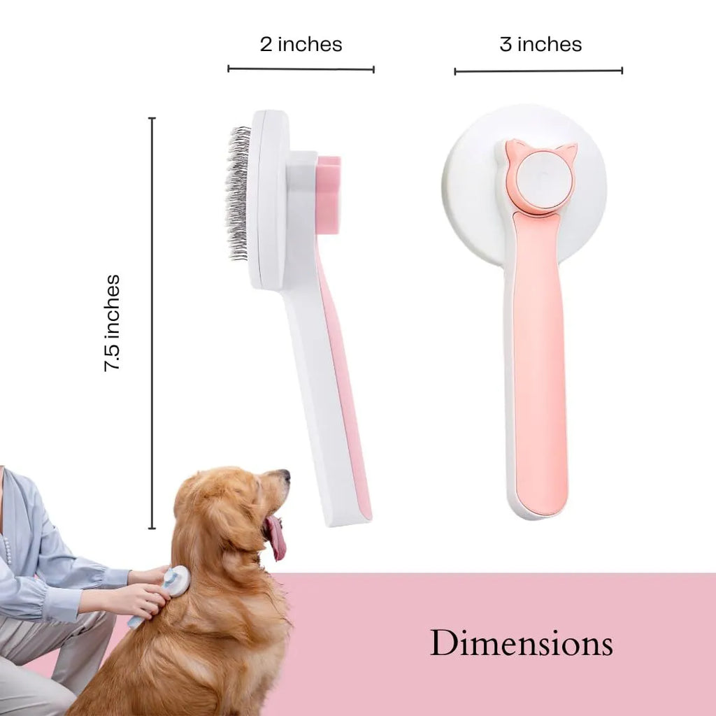 Blue self-cleaning slicker brush for dogs and cats on a table, showing ergonomic rubber handle and stainless steel pins.