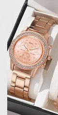 Women's three-eye quartz diamond-embedded watch with rose gold alloy strap