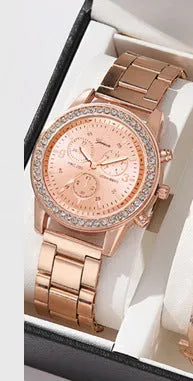 Women's three-eye quartz diamond-embedded watch with rose gold alloy strap