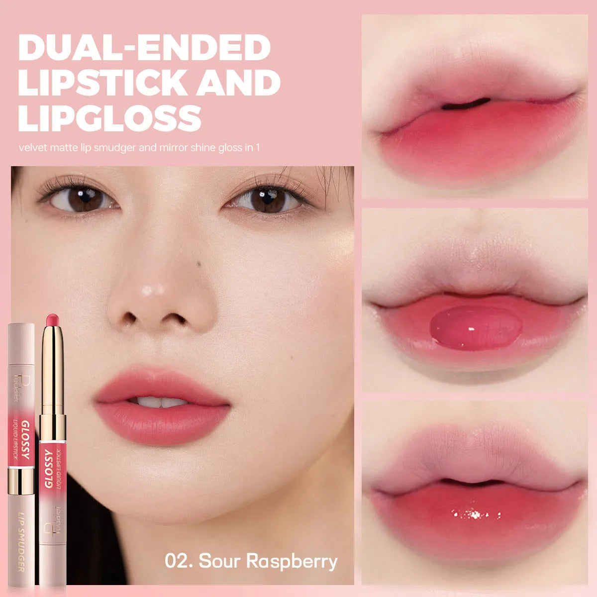Double-headed lipstick and lip gloss cosmetic product showing matte and glossy ends