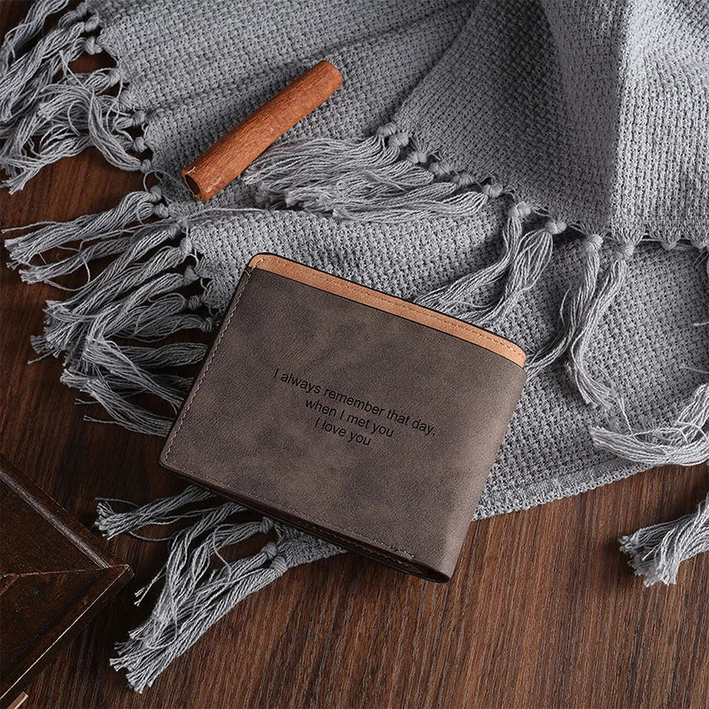 Coffee brown engraved horizontal short wallet for men made from PU leather.