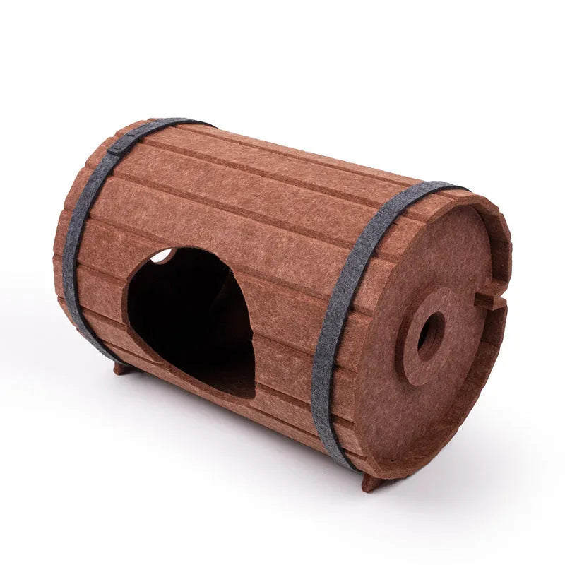 Assembled wine barrel pet bed made from polyester fibre felt for cats.