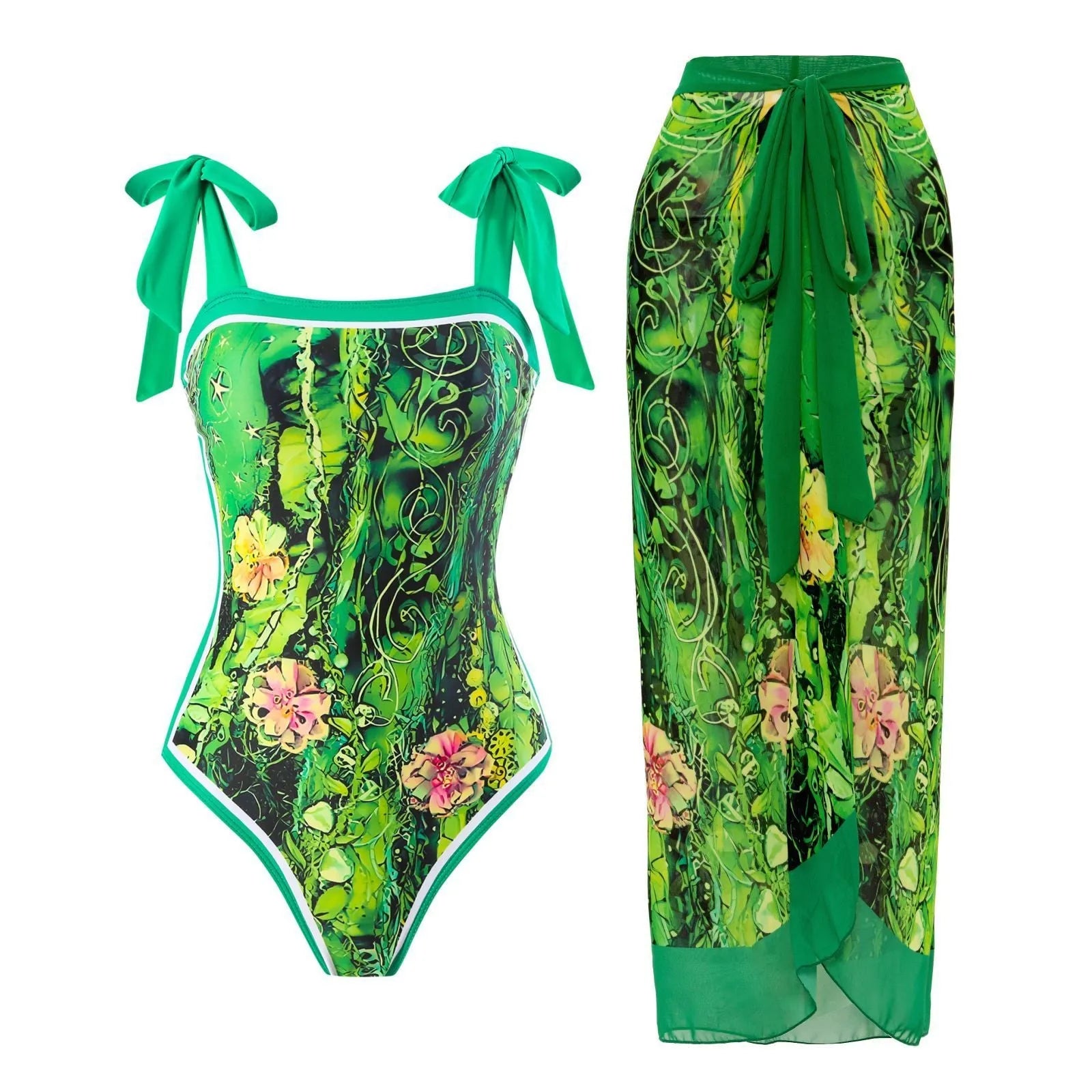 Women's retro floral one-piece swimsuit with chiffon skirt in multiple colour patterns