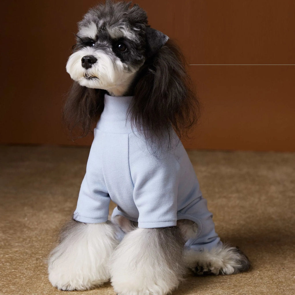 Blue polyester four-leg bottoming shirt for small dogs Schnauzer Bichon on a white background