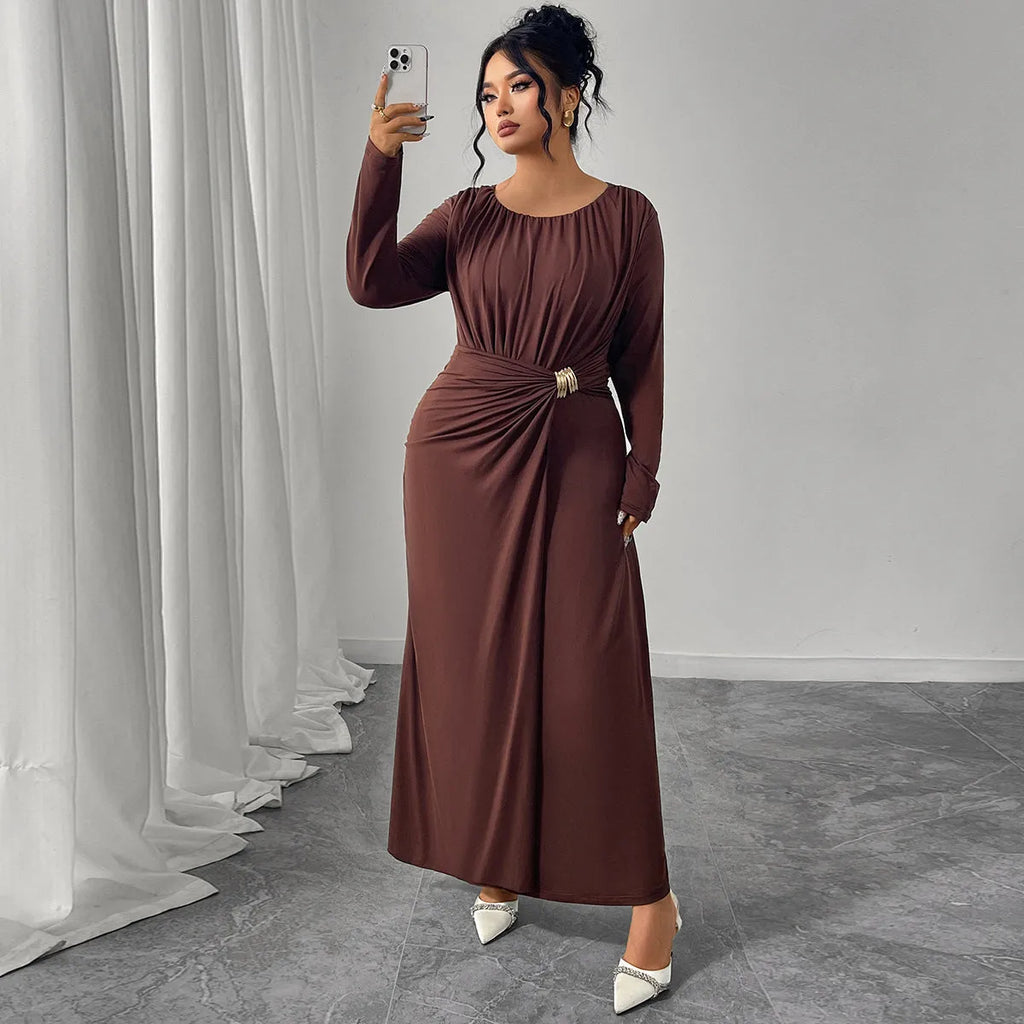 Printed high-waisted polyester dress for women in coffee colour, brown, black, wine red, sizes XL to 4XL