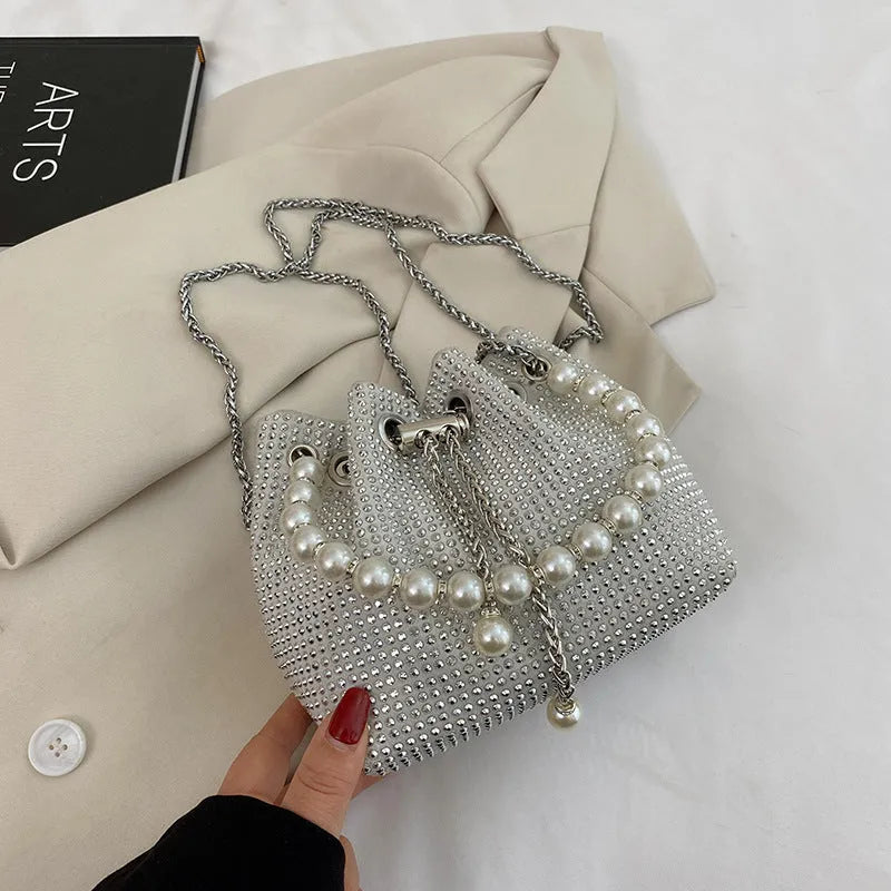 Fashion light diamond crossbody shoulder bag with chain strap in bucket shape