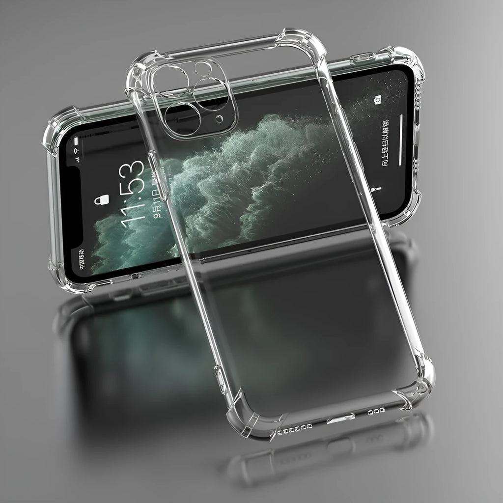 Clear TPU shockproof iPhone case showing transparent protection on multiple iPhone models