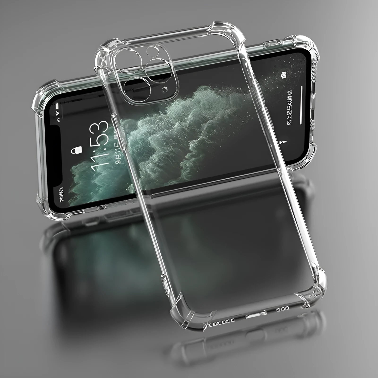 Clear TPU shockproof iPhone case showing transparent protection on multiple iPhone models