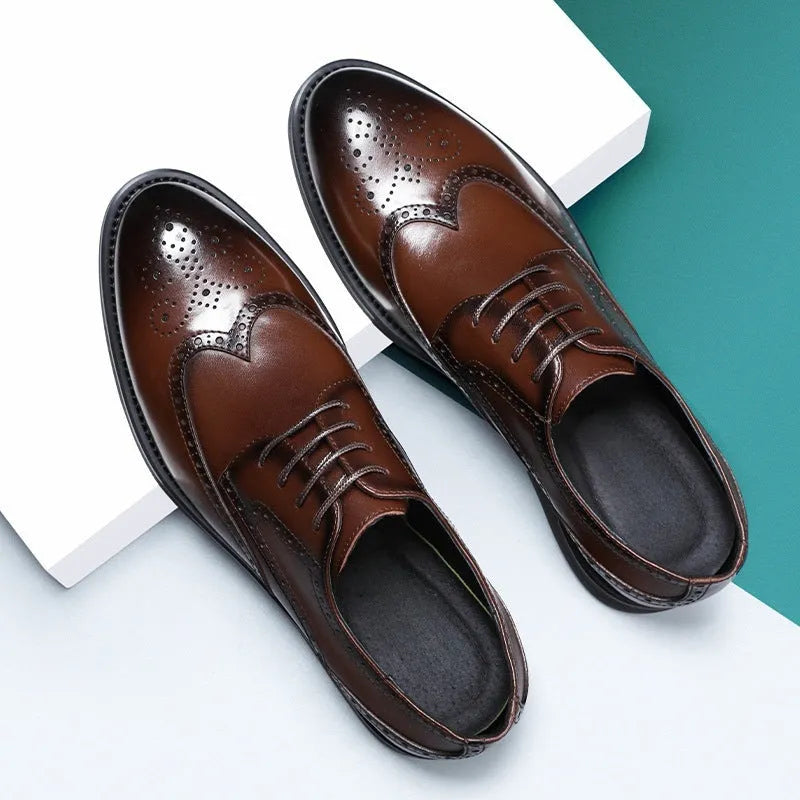 Men's black and brown brogue leather shoes with classic perforated toe design for business wear