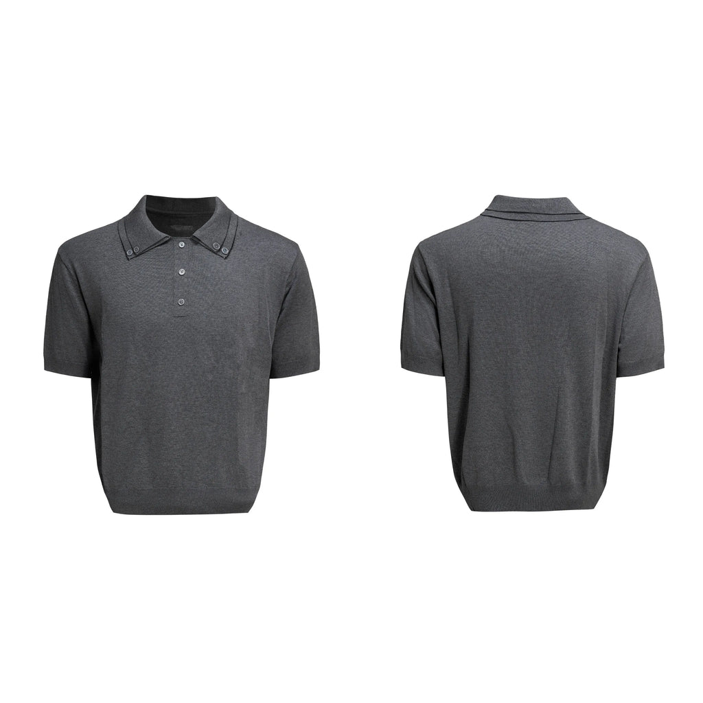 Men's black double collar short sleeve polyester shirt with lapel design