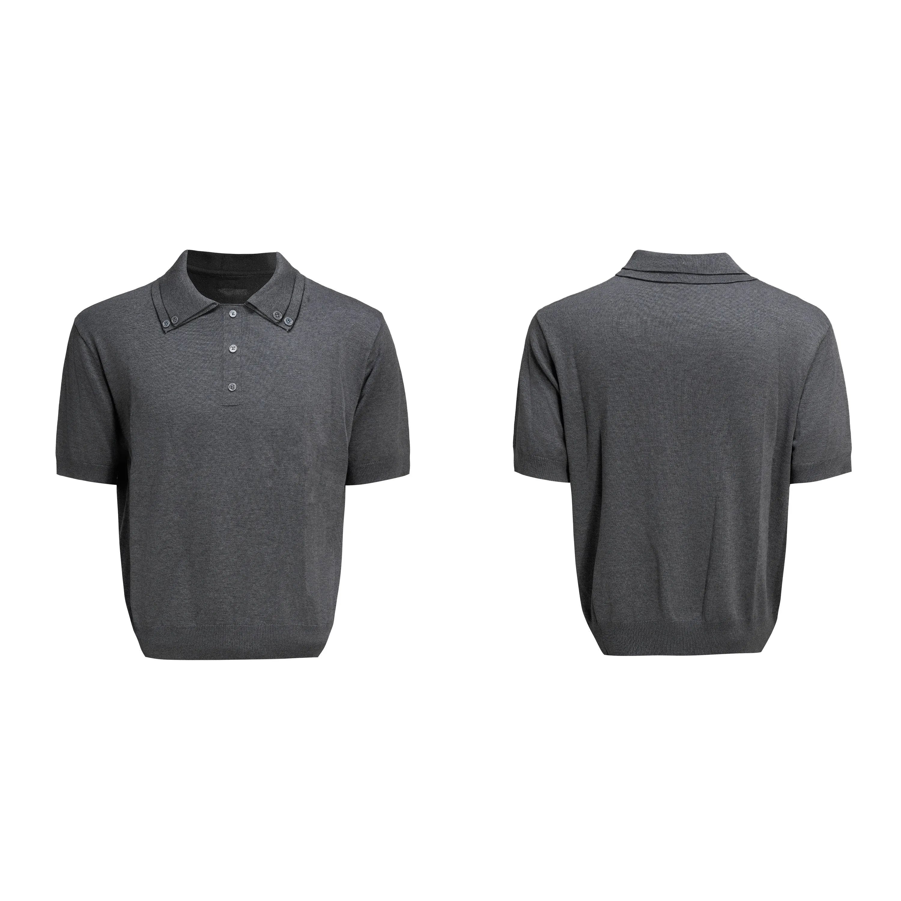 Men's black double collar short sleeve polyester shirt with lapel design