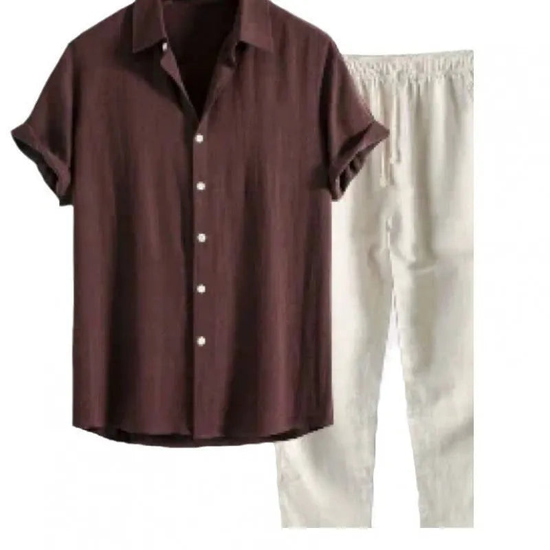 Men's loose fit linen-blend short sleeve shirt and trousers casual suit set on a hanger.