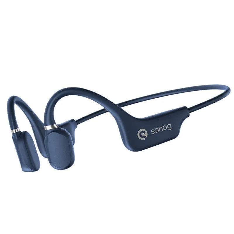 Bone conduction Bluetooth sports headphones with a neckband, shown in multiple colours including red and blue.