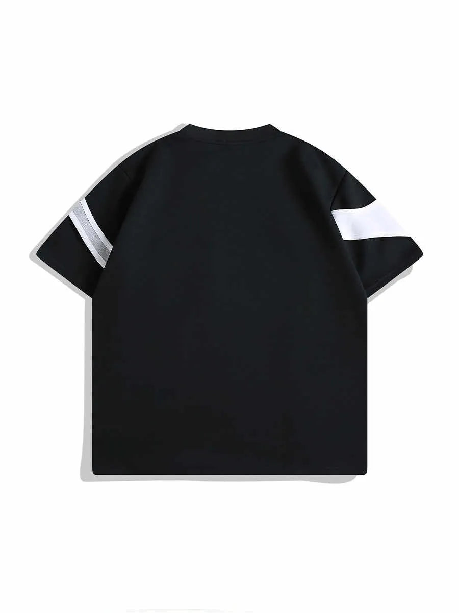 Men's loose fit black t-shirt showing double-stitch padded shoulder detail and round neck collar