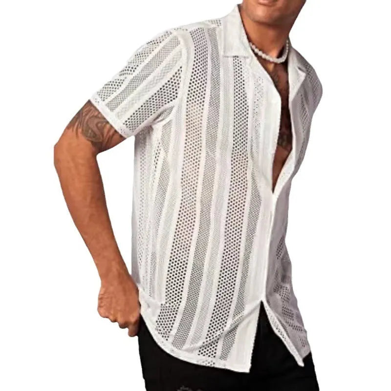 A man wearing a black jacquard-knit short-sleeved shirt in a street fashion cardigan style.