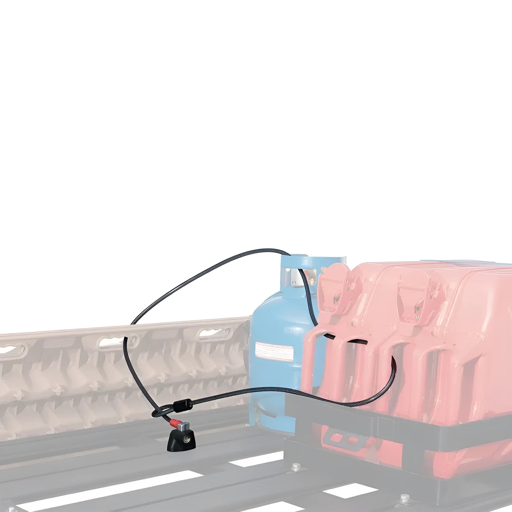 Plastic-sheathed steel cable lock for securing equipment to a vehicle roof rack.