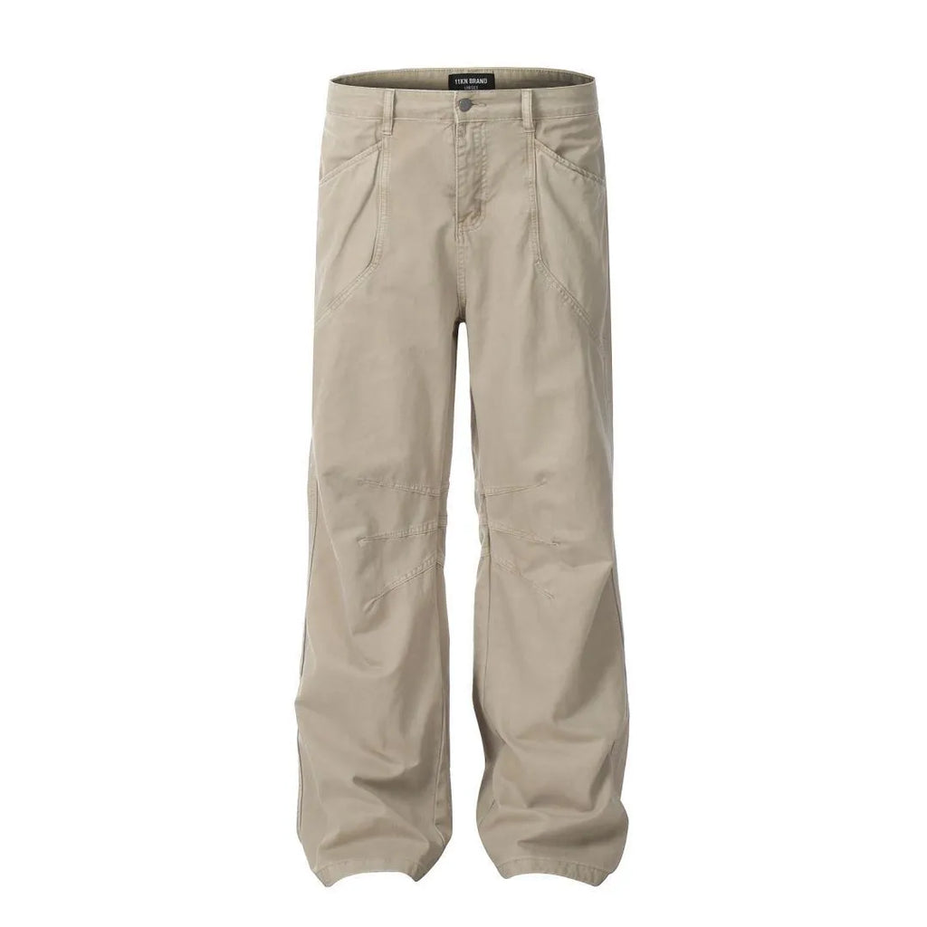 Men's brown loose straight leg trousers with high waist design and zip fly closure