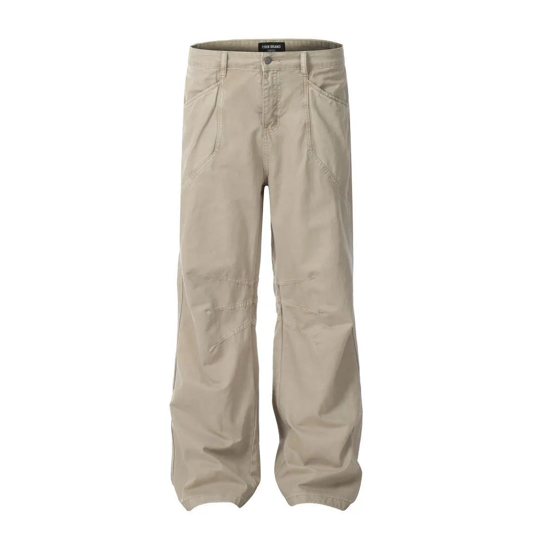 Men's brown loose straight leg trousers with high waist design and zip fly closure