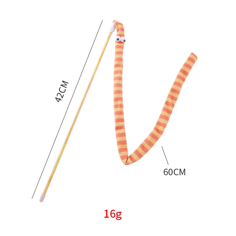 Colourful cat wand toy with a long plush strip teaser and bell, held by a polycarbonate handle.