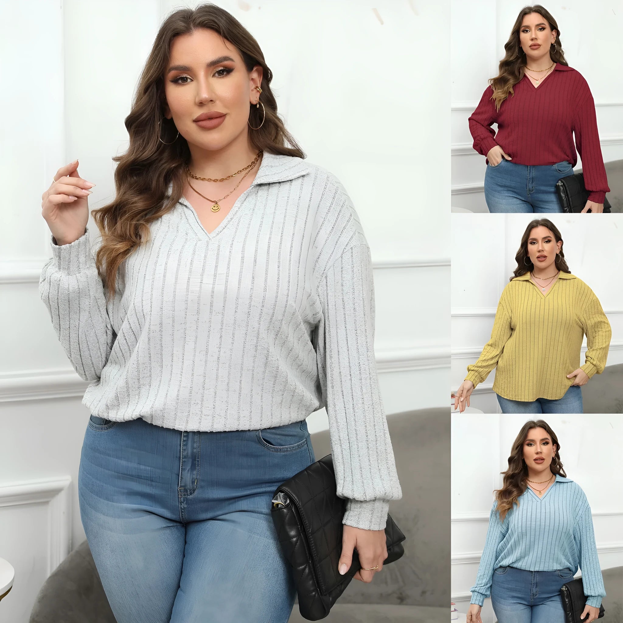 Women's plus size gray polo collar fleece pullover with lantern sleeves in Gothic street style.