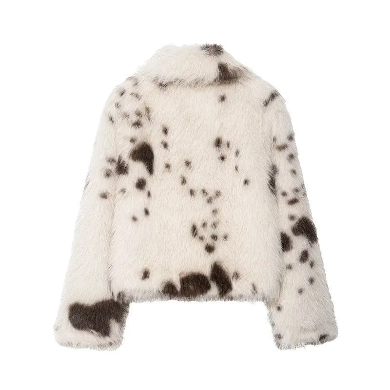 Women's artificial fur animal pattern long sleeve coat with faux fur collar in brown colour socialite style
