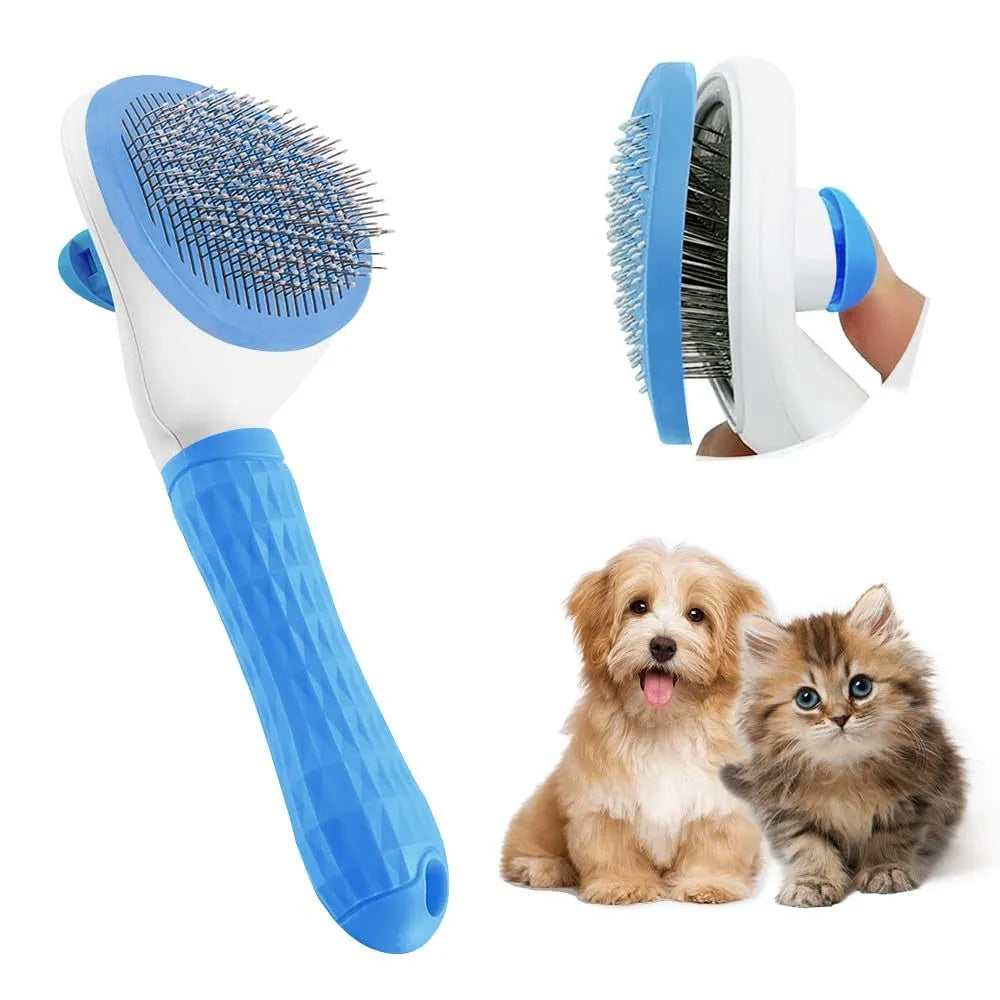 Blue, grey, and pink cat brush with a release button and fine wire bristles for removing loose fur.