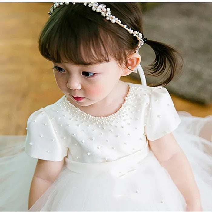 White Chinese-style baby full-year banquet bubble skirt dress in polyester