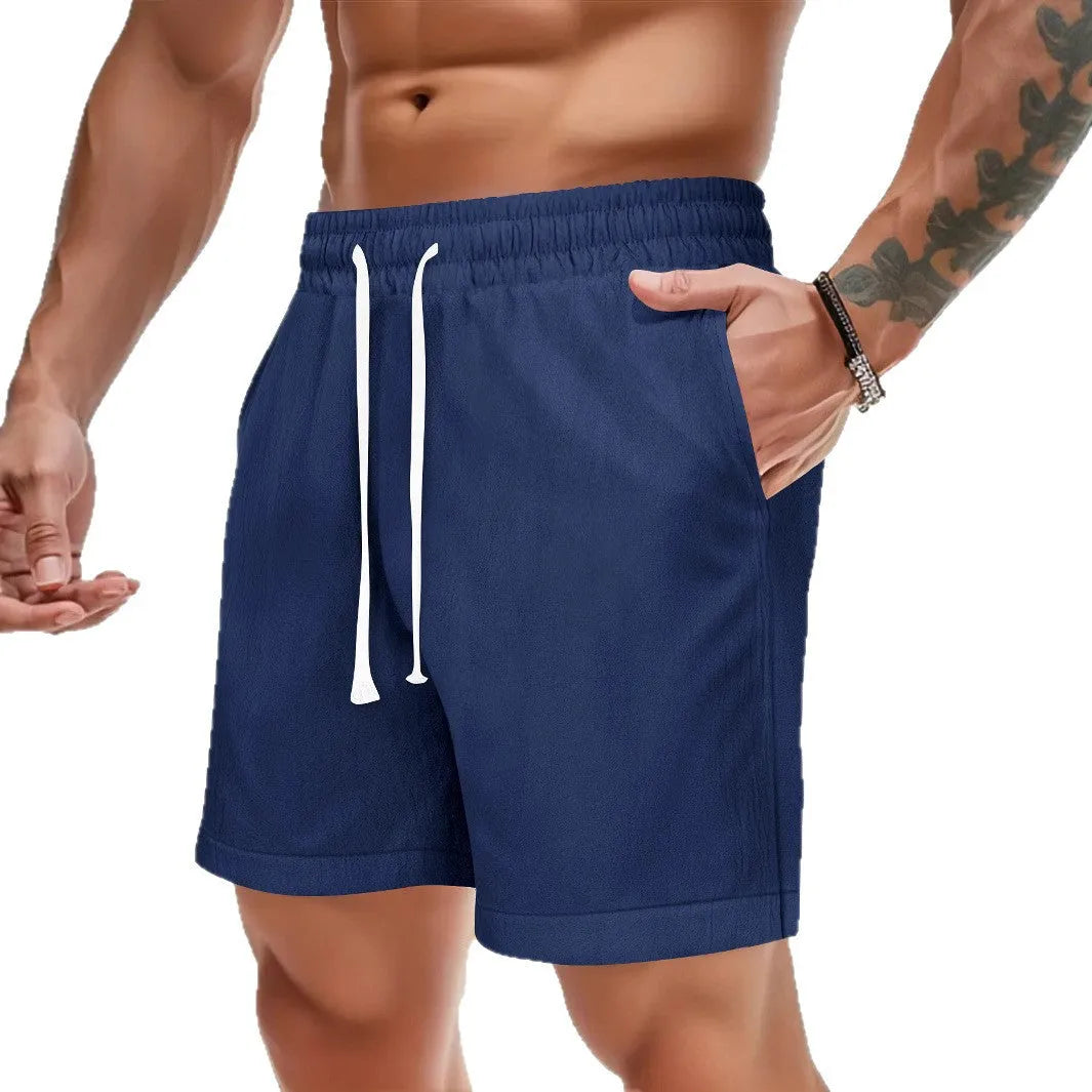 Summer men's loose lace-up sports casual shorts in khaki colour, straight leg linen feel polyester fabric