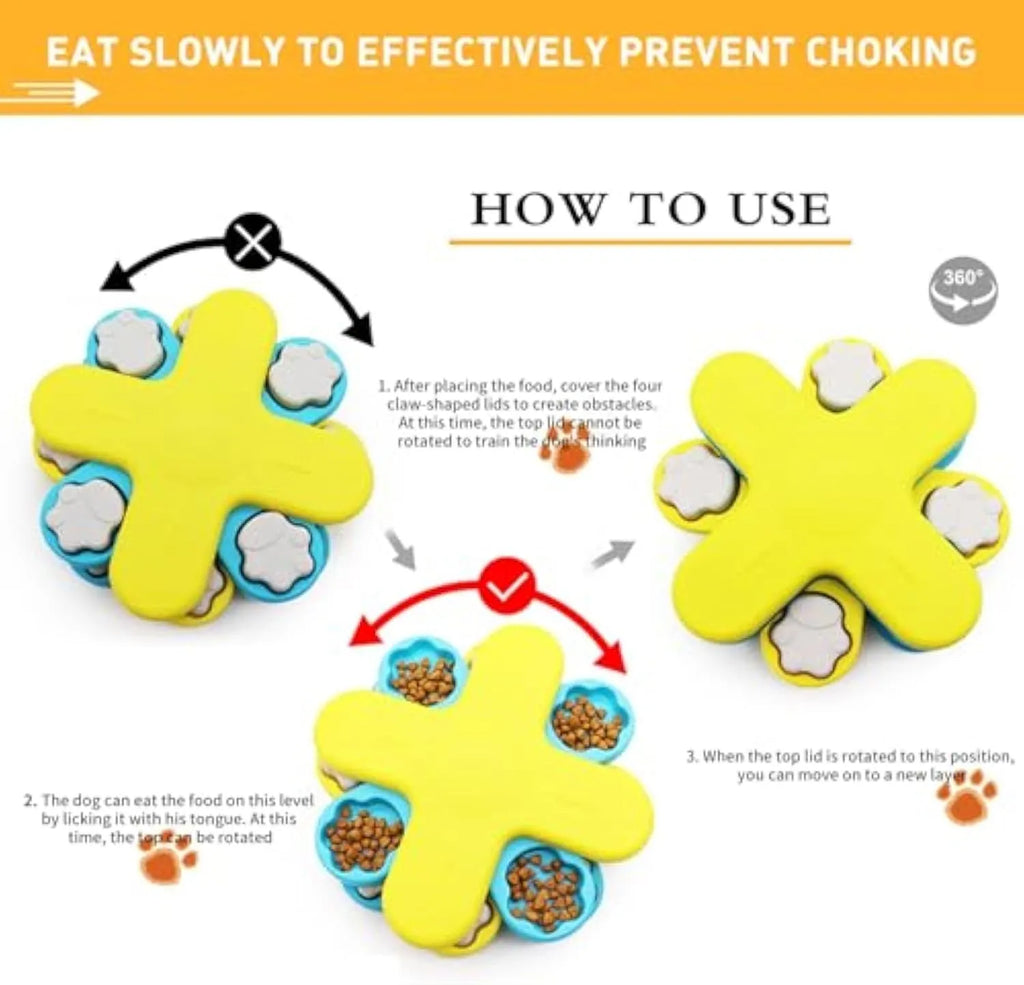 Yellow three-layer rotating dog puzzle feeder with anti-slip rubber pads on base
