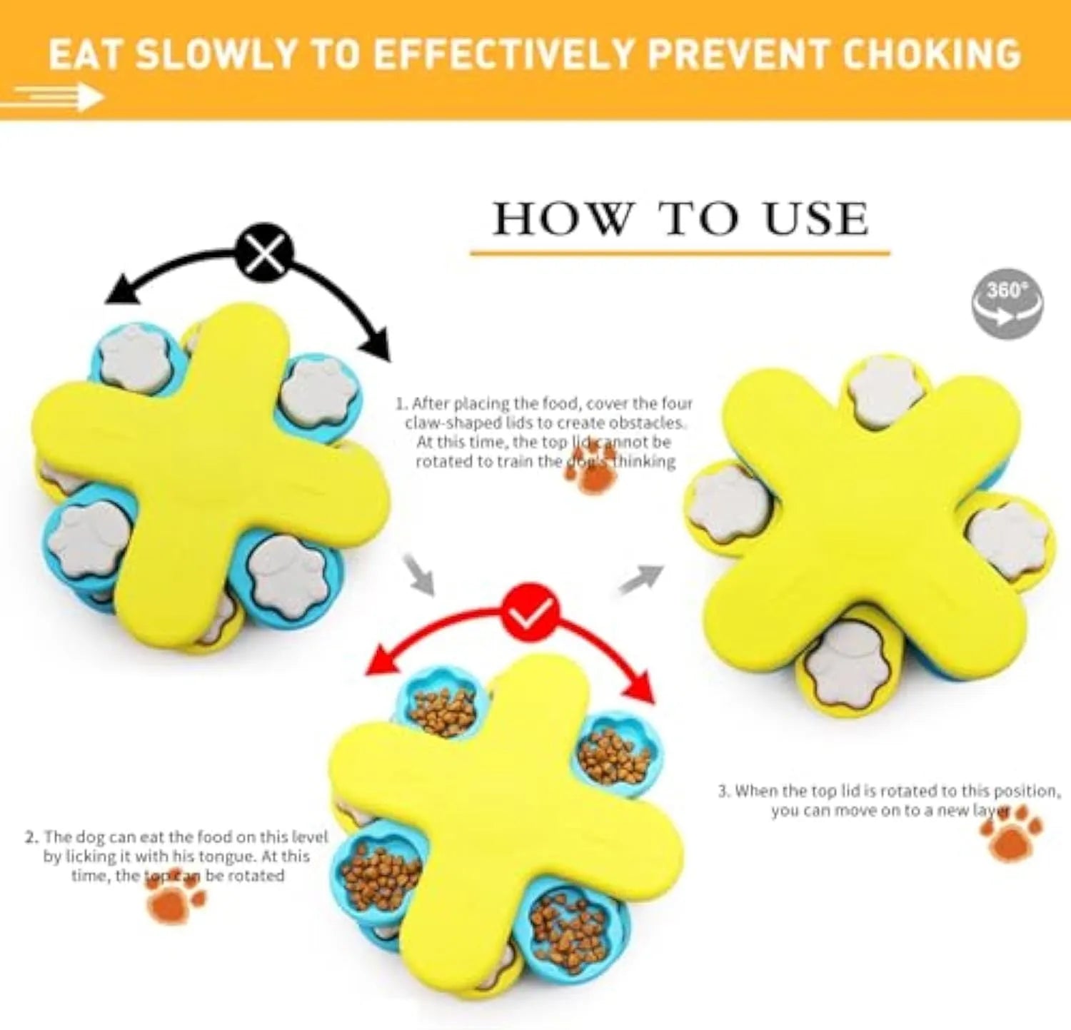 Yellow three-layer rotating dog puzzle feeder with anti-slip rubber pads on base