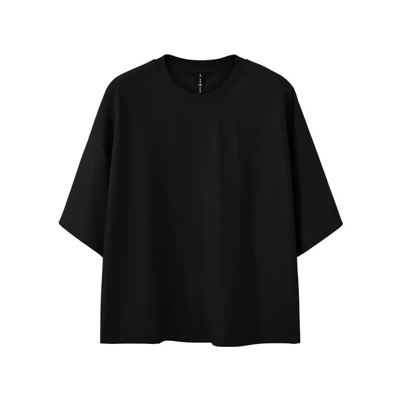 Men's sand grey loose-fit short sleeve T-shirt with quick-drying fabric on a hanger.