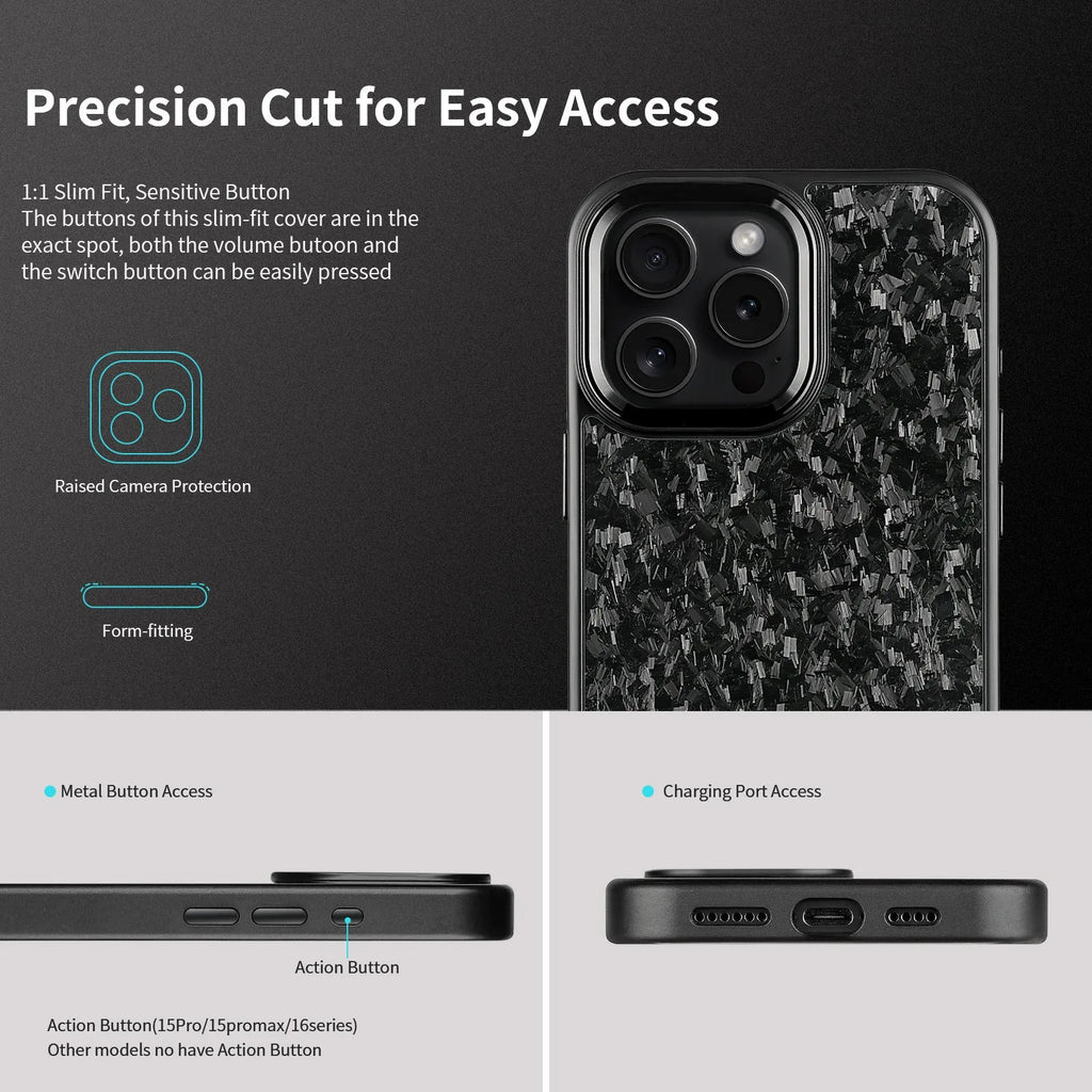 Carbon fibre phone case with black metal frame and magnetic backing for iPhone