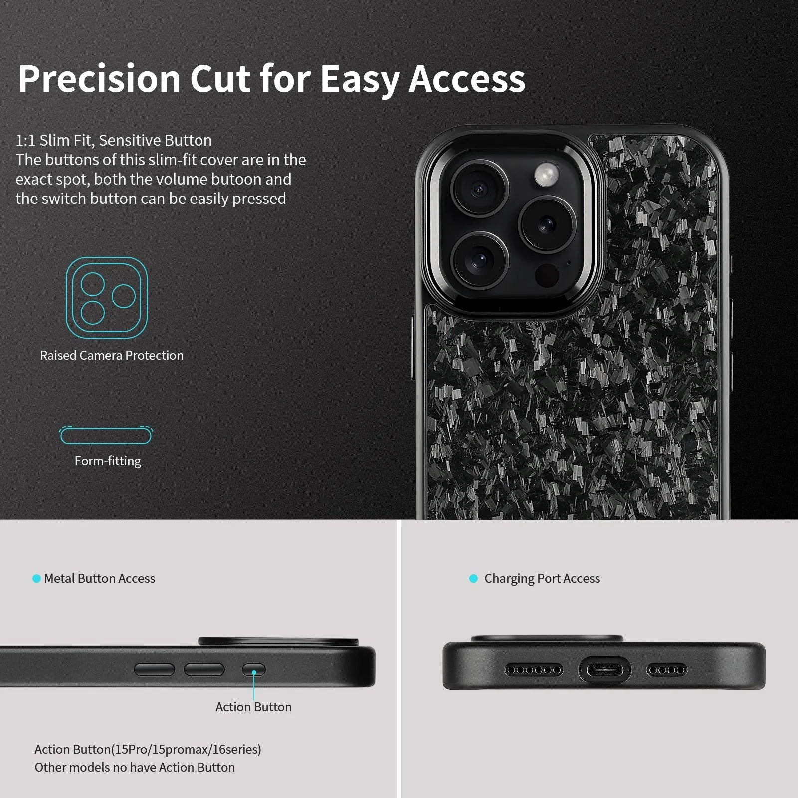 Carbon fibre phone case with black metal frame and magnetic backing for iPhone